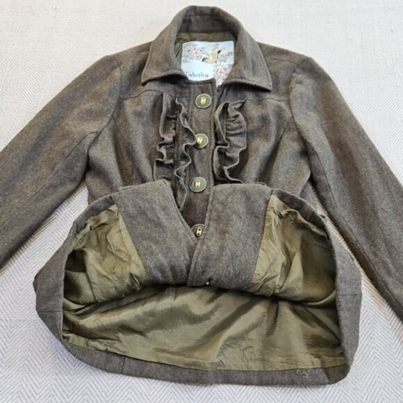 Anthropologie Tabitha Military Blazer Women 6 Green Wool Blend Ruffle NB095 EUC - Picture 7 of 14